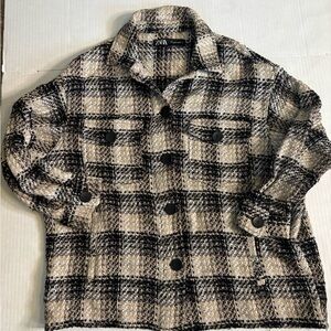 Zara Women's Tweed Plaid Checkered Black and Cream Blazer Button down Womens Xl